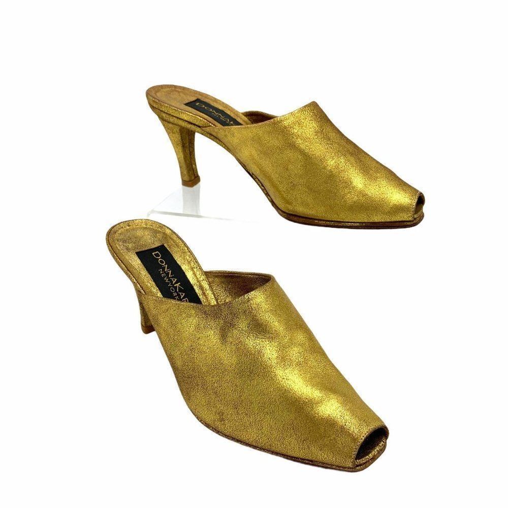 Donna Karan DKNY Gold Leather Peep Toe Slide Mule Pumps Heels Size 5.5 Pre-owned